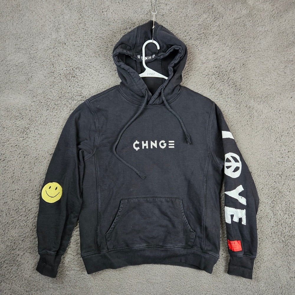 CHNGE Black Organic Cotton Graphic Hoodie Peace Smiley Face Small